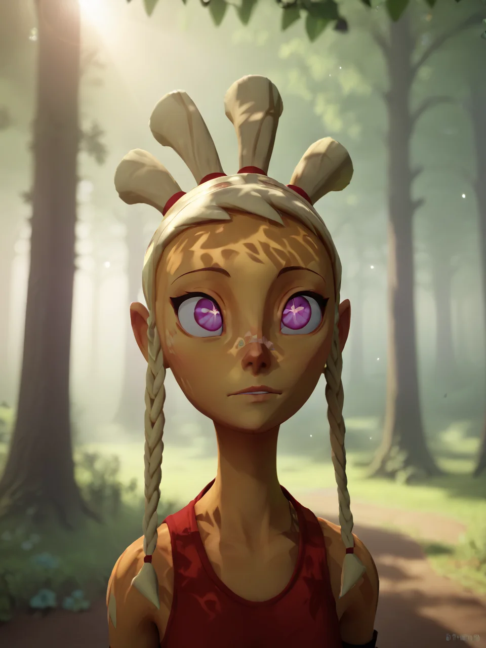 score_9, score_8_up, score_7_up, score_6_up, BREAK, M4yd4y, 1girl, solo, 3d, symbol-shaped pupils, blonde hair, twin braids, outdoors, tree, leaf, sunlight, nature, light particles, forest, light rays, light, sunbeam, dappled sunlight, looking up, light shining on face, upper body <lora:Mayday-000007:0.9>
