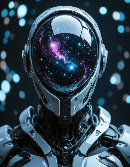 a highly detailed cinematic closeup frontal portrait, humanoid robot with a reflective, dome-shaped head, contains a galaxy cosmos and nebula inside it, the robot's body, in shades of white, purple and black, features an array of textures and protrusions suggesting a complex internal structure, set against a soft-focus background with bokeh effect in cool blue tones, dark environment, moody and epic, <lora:aidmaMJ6.1:0.8>, <lora:fluxenhancer:0.5>