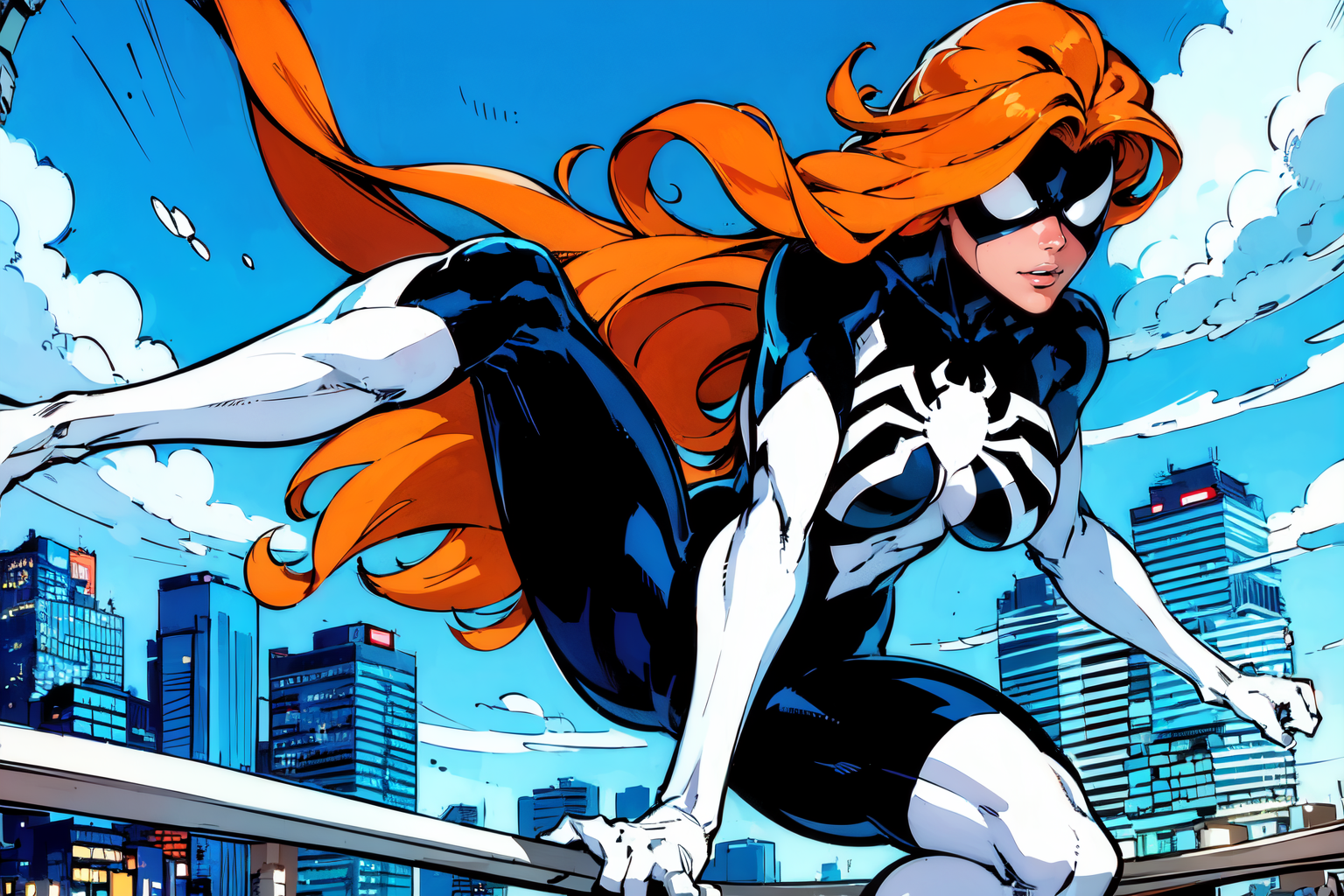 a woman floating in the air, swinging like spiderman,holding white ropes, spider webs, in a cityy sky, beautiful eyes, beautiful girl, high detail skin, high detail eyes, high detail hair, highres, ultra detailed, sharpen picture, Highly detailed, masterpiece, best quality, photorealistic,
 <lora:Spider WomanLora:1> 1girl, long hair, bodysuit, spider-girl, skin tight, superhero, mask:1.2