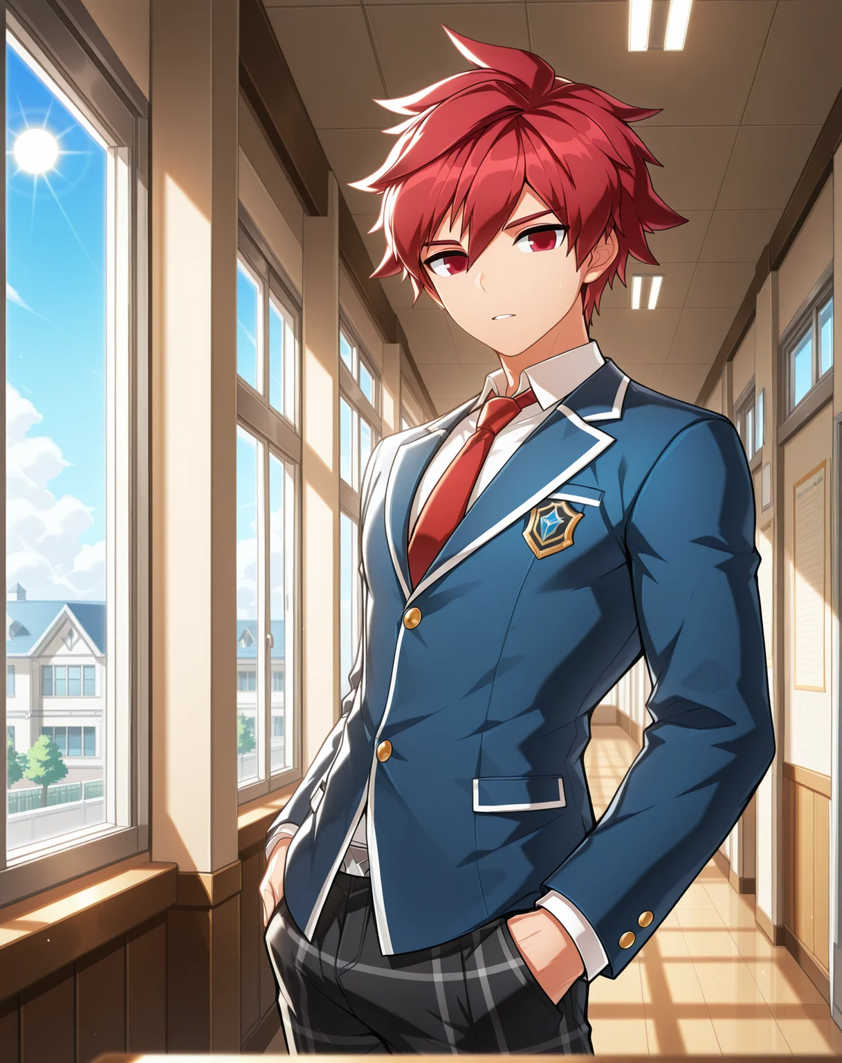 masterpiece,best quality,amazing quality, newest, very aesthetic, absurdres,
1boy, solo, yaoi, male focus, looking at viewer, cowboy shot,
<lora:Elsword_Knight_Emperor_ilxl:1> elswordke, red hair, red eyes,
school uniform, white shirt, collared shirt, blue jacket, red necktie, black pants, plaid pants,
indoors, school, hallway, window, day, sun,