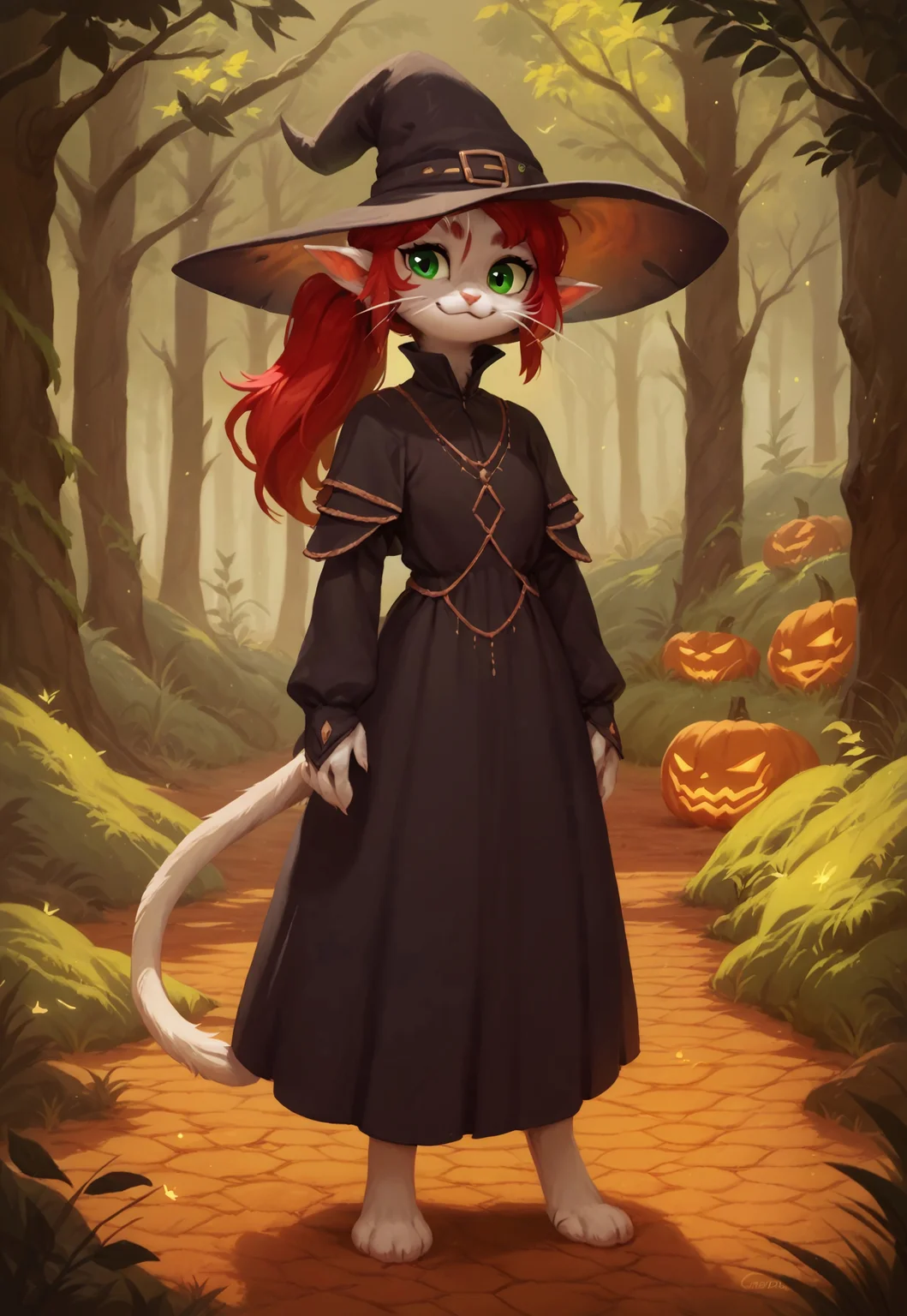 score_9, score_8_up, score_7_up, score_6_up, score_5_up, ariral, furry female, whiskers, ponytail, animal ears, pointy ears, red hair, green eyes, cat tail, smiling, forest, witch, hat, witch hat, dress, halloween, halloween costume, jewelry, full body,