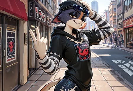 masterpiece, best quality, newest, absurdres, highres, furry, perfect anatomy, mxcaoxzz, multicolored_fur, striped sleeves, black hoodie with graphic, fish bone jewelry, tuna cans strap, denim, ripped jeans, fish bone keychain, sunglasses, eyewear, feline, cat, anthro, female, flat chest, solo, solo focus, looking at viewer, standing, smug, smiling, city, streets, sidewalk, sunlight, headshot, hand on head, shocker gesture, shocker, thumb and ring finger down, 5 fingers, palm out, shockr,