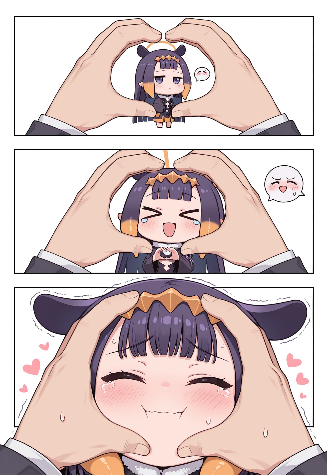 masterpiece, best quality,
snootchallenge, 3koma, chibi, comic,
1girl, 1boy, size difference,
ninomae ina'nis,
xd, blush, closed eyes, tearing up, happy tears, tears, crying, sweat, sweatdrop, trembling, spoken expression, happy, looking at viewer,
pov, pov hands, heart hands, hands on another's face, hands on another's cheeks, out of frame,
white background, simple background,



