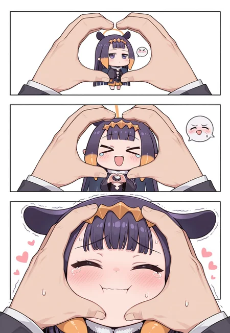 masterpiece, best quality,
snootchallenge, 3koma, chibi, comic,
1girl, 1boy, size difference,
ninomae ina'nis,
xd, blush, closed eyes, tearing up, happy tears, tears, crying, sweat, sweatdrop, trembling, spoken expression, happy, looking at viewer,
pov, pov hands, heart hands, hands on another's face, hands on another's cheeks, out of frame,
white background, simple background,



