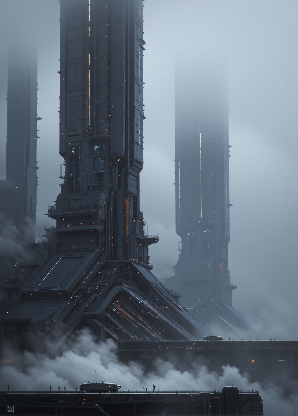 <lora:ck-Sci-Fi-Concepts:0.7>, in the style of ck-sfc, Visualize Artemis Station as a towering, enigmatic structure rising from a cold, fog-laden world. The massive spires stretch skyward, their dark metallic surfaces glistening with condensation from the mist. Each tower is adorned with intricate, glowing lines of orange and blue lights, hinting at the advanced technology within. The fog is thick at ground level, muffling sounds and creating an eerie, quiet atmosphere, while faint mechanical hums reverberate through the air. In the distance, other towering monoliths fade into the fog, creating a sense of endlessness. The lighting is soft and diffused, with occasional beams piercing through the fog from docking bays, casting long, dramatic shadows. The camera is set at ground level, looking up at the overwhelming scale of the station, emphasizing its imposing and mysterious nature. no humans.
<lora:flux.1_lora_flyway_Epic-detail_v2:0.6>
 <lora:CPA:0.5>
 <lora:BLUE_mk4_angel_FLUX_01:0.30>