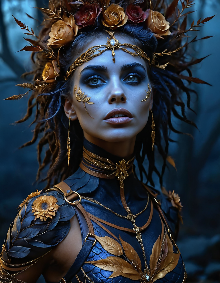 made out of ral-dryflwrs, [ (stylized by Stephan Martinière:1.3) and Katia Chausheva::9], Drawing, (Female of Pandora:1.2) , she is 1960'S, her hair is Gold, Phenomenal Patches, Dramatic Harness, autumn background, at Blue hour, Sharp and in focus, Darkcore, Depth of field 270mm, <lora:ral-dryflwrs-sdxl:0.7>, dynamic cinematic perfect background, aesthetic, professional creative, shiny