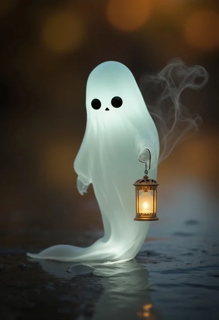 Extreme Closeup of A single adorable, translucent ghost floats gently above a serene lake, its form glowing with a soft, otherworldly light. The ghost’s ethereal figure is whimsical, with large, expressive eyes and a embarrassed smile, as it glances toward the camera in amusement. Holding its translucent brightly colored faintly glowing lantern, adding a playful touch to its spectral appearance. The scene is enchanting, bathed in warm, moonlit hues, with the water below reflecting the shimmering glow of the ghost. Swirls of cosmic mist dance faintly around, adding a subtle sense of magic to the atmosphere, without disrupting the lighthearted mood.