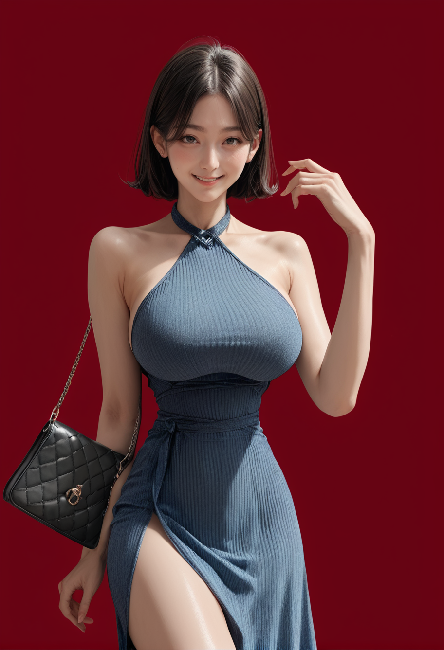 1girl,red background,,ruanyi0932,blue dress,halter dress,sleeveless,cowboy shot,taut dress,skin tight,handbag,<lora:0932 Home wear 9_v1_pony:1>, score_9, score_8_up, score_7_up, score_6_up, score_9, score_8_up, score_7_up, score_6_up source_anime, blush, 1girl, seduce smile, perfect body , natural huge breasts