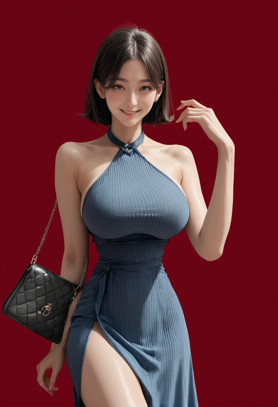 1girl,red background,,ruanyi0932,blue dress,halter dress,sleeveless,cowboy shot,taut dress,skin tight,handbag,<lora:0932 Home wear 9_v1_pony:1>, score_9, score_8_up, score_7_up, score_6_up, score_9, score_8_up, score_7_up, score_6_up source_anime, blush, 1girl, seduce smile, perfect body , natural huge breasts