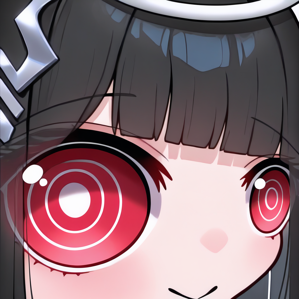masterpiece, best quality, newest, absurdres, highres, eye focus, close-up, smile, closed mouth, portrait,  <lora:StareMeme_illusXLNoobAI_Incrs_v1-000008:1>, 1girl, <lora:Hoseki_BlueArchive_RioTsukatsuki_IllustriousXL_v1:1>, r1o, halo, black hair, very long hair, blunt bangs, red eyes, bright pupils, white pupils, ringed eyes, hair ornament,