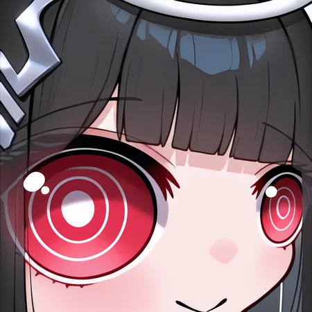 masterpiece, best quality, newest, absurdres, highres, eye focus, close-up, smile, closed mouth, portrait, <lora:StareMeme_illusXLNoobAI_Incrs_v1-000008:1>, 1girl, <lora:Hoseki_BlueArchive_RioTsukatsuki_IllustriousXL_v1:1>, r1o, halo, black hair, very long hair, blunt bangs, red eyes, bright pupils, white pupils, ringed eyes, hair ornament,