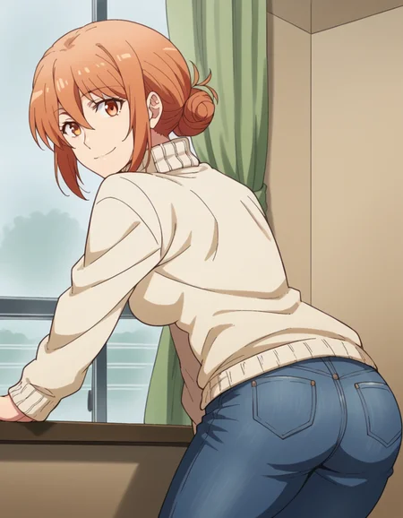 score_9, score_8_up, score_7_up, source_anime,
yuigahamama, <lora:mother-yuigahama-s2s3-ponyxl-lora-nochekaiser:1>,
yuigahamama, hair bun, mature female, orange eyes, orange hair, short hair, single hair bun, hair between eyes, sidelocks,
denim, jeans, pants, sweater, turtleneck, turtleneck sweater, white sweater,
indoors, bent over, smile,
looking at viewer, cowboy shot, dutch angle, solo,