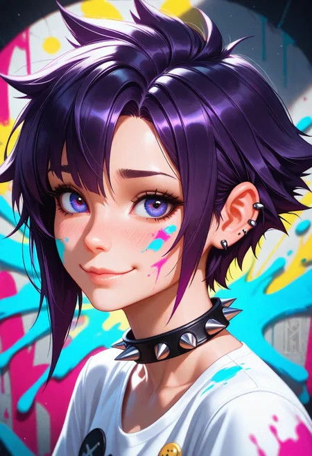 masterpiece, best quality, amazing quality, volumetric lighting, (by_neoartcore:0.1), BREAK, 1girl, 25 years old,
detailed face, portrait, face focus, depth of field, looking at viewer, blush, shy smile,
dark purple hair, spiked hair, ear piercing, spiked collar,
paint splatter on face,
white t-shirt,
button badge,
paint splatter, brush stroke, inkblot, paint stains, graffiti, colorful,