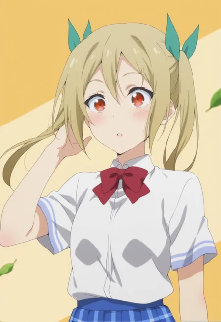 anime screencap, anime coloring, <lora:DX888Akane:1> segawa akane, red eyes, blonde hair, long hair, twintails BREAK hair ribbon, school uniform, white shirt, red bowtie, plaid skirt, blue skirt, thighhighs, BREAK simple background, yellow background,  two-tone background, BREAK     1girl, blush, falling leaves, hand in own hair, leaf, parted lips, solo, upper body, wide-eyed, wind, floating hair,