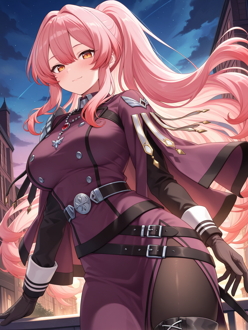 exosister martha, 1girl, solo, smile, looking at viewer, large breasts, outdoors, sky, blush, closed mouth, black pantyhose, sidelocks, cowboy shot, black cross-laced thigh boots, cloud, purple military dress uniform, purple capelet, black gloves, silver necklace,evening, night sky,
masterpiece,best quality,amazing quality,very aesthetic,absurdres,newest,<lora:Exosister Martha illusXL v1:0.7>,