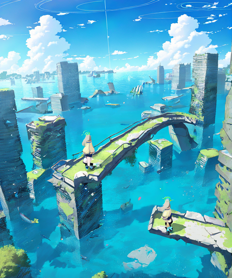 1girl,nonomi \(blue archive\),scenery,building,city,water,cityscape,sky,outdoors,cloud,cloudy sky,bridge,day,ruins,skyscraper,blue sky,ocean,tower,tree,fish,masterpiece, best quality, very aesthetic, absurdres, <lora:Submerged ruins-NAI:0.8>,