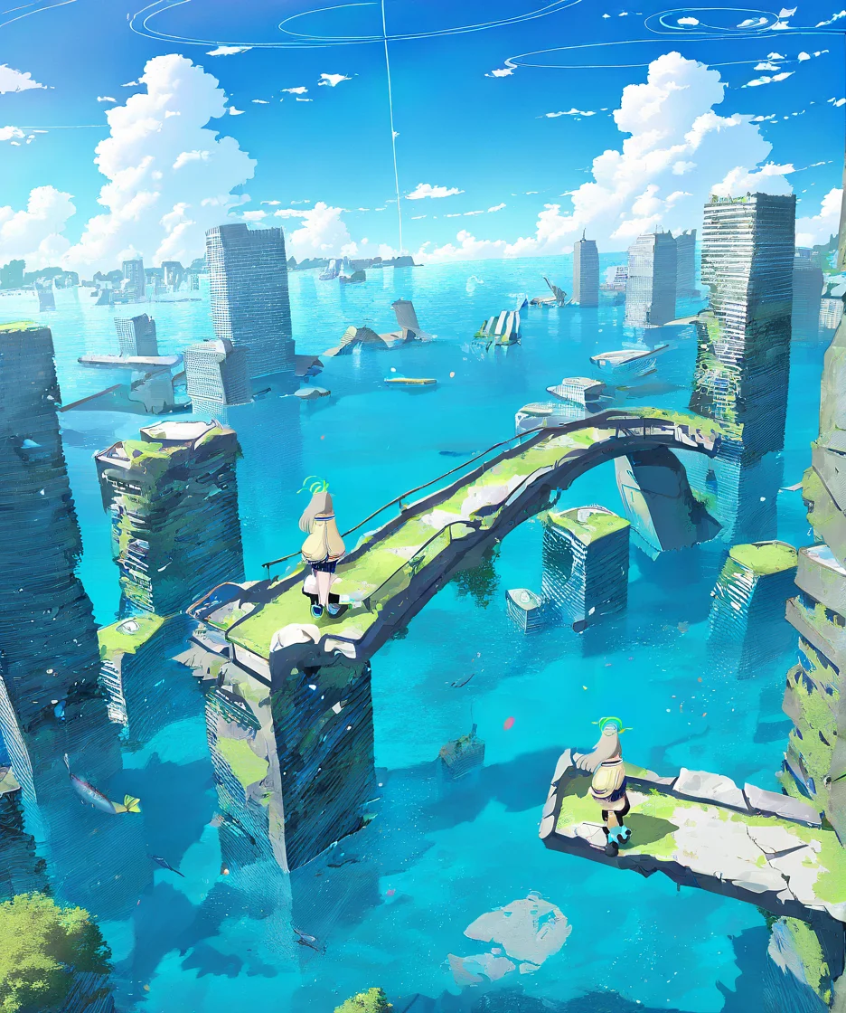1girl,nonomi \(blue archive\),scenery,building,city,water,cityscape,sky,outdoors,cloud,cloudy sky,bridge,day,ruins,skyscraper,blue sky,ocean,tower,tree,fish,masterpiece, best quality, very aesthetic, absurdres, <lora:Submerged ruins-NAI:0.8>,