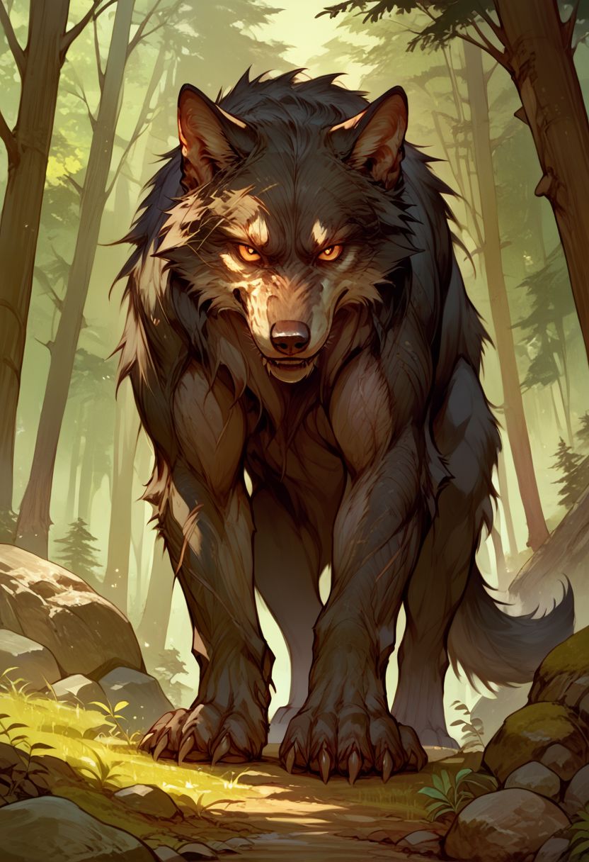 score_9, score_8_up, score_7_up, source_anime, solo, looking at the viewer, ( Giant wolf, black fur, tail), scary, simple background, (detailed image, high resolution, 5k resolution:1.0),  (forest, rocks, plants)