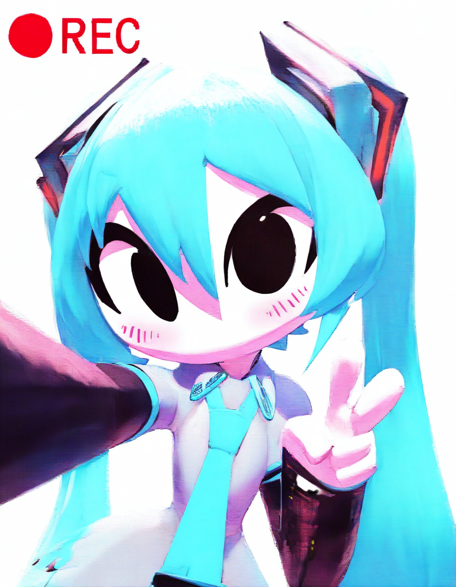 masterpiece, best quality, stylebirdblitz, (3d), solid cirle eyes, black eyes, no mouth, 1girl, (half-closed eyes:0.7), solo, standing, upper body, (hatsune miku:1.2), blush, (v), looking at viewer, necktie, selfie, recording, white background, simple background