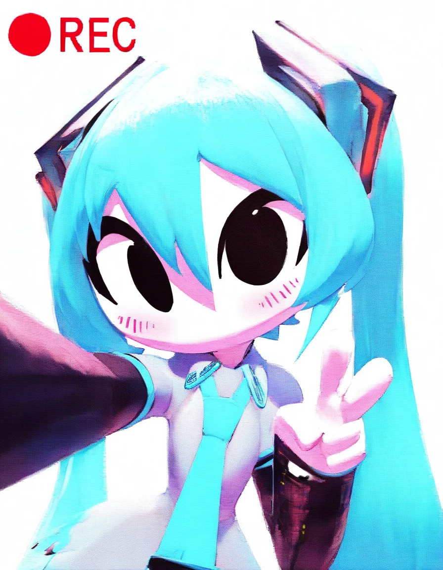 masterpiece, best quality, stylebirdblitz, (3d), solid cirle eyes, black eyes, no mouth, 1girl, (half-closed eyes:0.7), solo, standing, upper body, (hatsune miku:1.2), blush, (v), looking at viewer, necktie, selfie, recording, white background, simple background