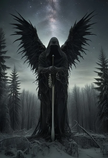 Silent death angel stands facing upcoming dark, sharp lines, extra arms, spreading his wings, detailed armor, extreamly detailed sword, detailed backgrounds, Winter forest, dense forest,starry sky, digital artwork by Beksinski, grainy, masterpiece, extremely detailed, lx, 32k, uhd, dark, low-key, in the style of Kelly Slate, vntblk, dark, digital artwork by Beksinski, ugly, terrible, detailxl, drkms, UHD, 8k, F2.8, RAW Photo, ultra detailed, sharp focus, clear (Style-EMCG:1.5)