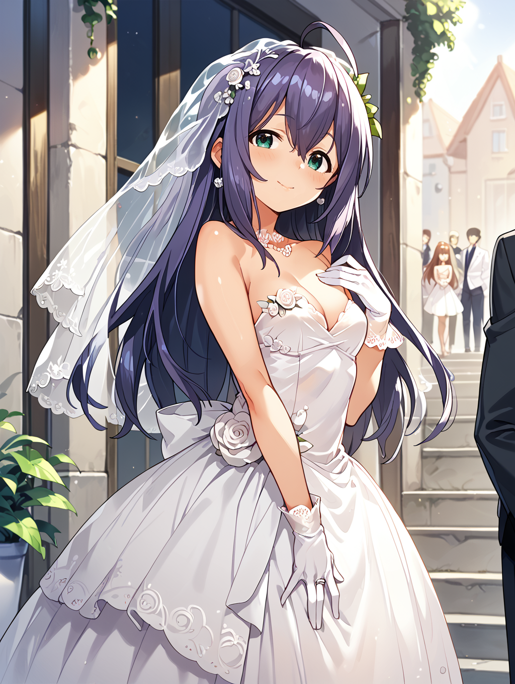 score_9,score_8_up,score_7_up,
official art,official style,game cg,megami magazine,
uncensored,
1girl,solo,
mochizuki anna,purple hair,green eyes,ahoge,
wedding dress,wedding band,white dress,white gloves,
<lora:idolmaster_mochizuki_anna_pony_v1:1>,