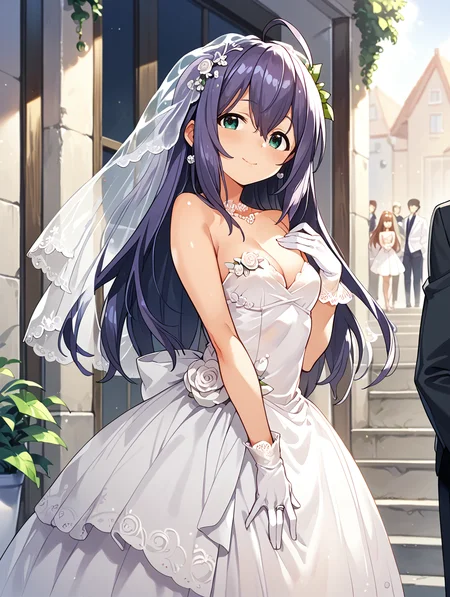 score_9,score_8_up,score_7_up,
official art,official style,game cg,megami magazine,
uncensored,
1girl,solo,
mochizuki anna,purple hair,green eyes,ahoge,
wedding dress,wedding band,white dress,white gloves,
<lora:idolmaster_mochizuki_anna_pony_v1:1>,
