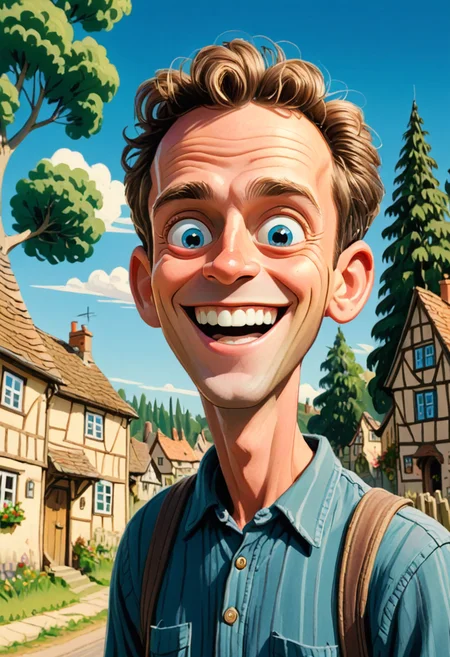 A cheerful BillMeeks man with wide eyes and a big smile stands in front of a picturesque village with quaint houses tall trees and a clear blue sky. <lora:Everly_Heights_Comics:1>