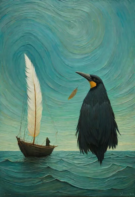 <lyco:ShaunTan:1.0> feather gods, fantasy surrealism, oil painting, impressionism, mix the styles of Van Gogh and Shaun Tan