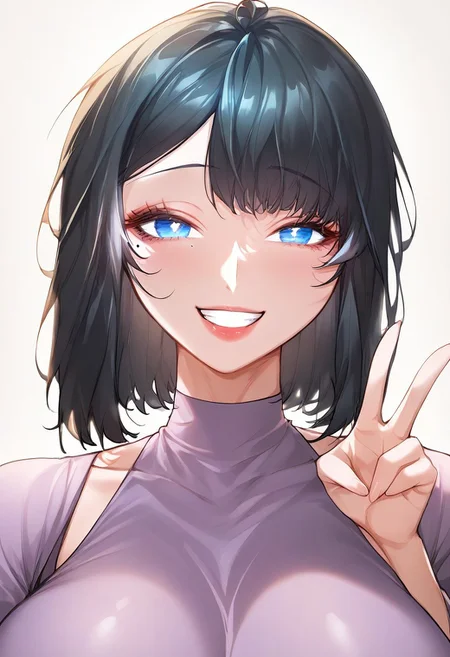 score_9, score_8_up, score_7_up, ASCII masterpiece, source_anime, BREAK, 1girl, solo, (( <lora:jang_mi-joo:1> , jang_mi-joo, thin waist, wide hips, beautiful skin, beautiful blue eyes, clear eyes, bright pupils, beautiful eyes, beautiful black hair, beautiful short hair, bangs, huge and shaggy breasts, natural beauty, extraordinary beautiful woman, attractive woman, super sexy woman, lustful body, sexy woman with seductive obscene body, sensual body, voluptuous body, sexy beauty, sexy erotic milf, no piercings, no piercing, )), (beautiful sexy purple dress, obscene cleavage, huge cleavage, ), looking at viewer, v sign, hand behind back, (head up:1.2), grin, smug, sassy, closed mouth,