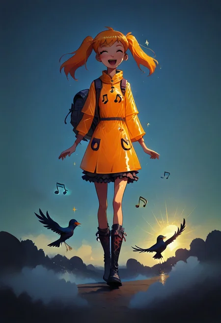 (masterpiece, best quality, high quality, good quality), 1girl, solo, petite, twintails, raincoat, backpack, frilled skirt, rubber boots, blue sky, walking, on cloud, happy, humming, musical note, rainbow, sparkle, sunlight, bird, full body, pastel colors, colorful
,FFAnime Style, orange peel sinozick style