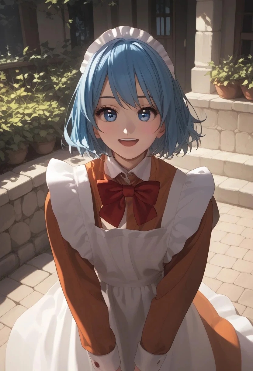 abbystea style, score_9, score_8_up, score_7_up, best quality, high detailed, BREAK
female, solo, long eyelashes, cute,
Chikoi the Maid, maid, white maids headband, blue hair, short hair, blue eyes, Red bow tie, orange maid suit
looking at you,
scenery porn, outdoors,
sunlight, high angle, face focus, saturated colors, smile, open mouth, dramatic lighting, Expressiveh