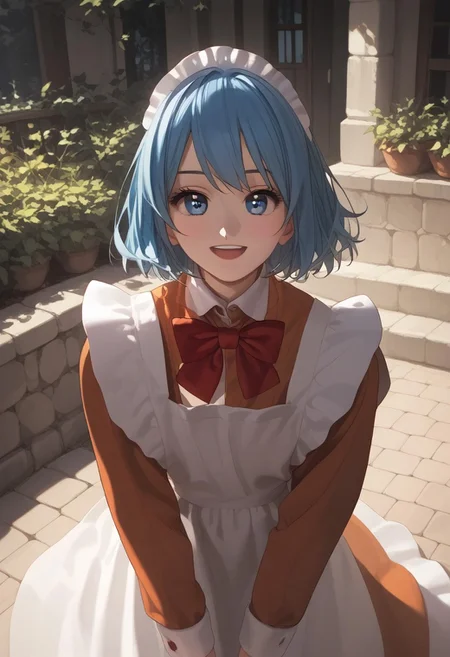 abbystea style, score_9, score_8_up, score_7_up, best quality, high detailed, BREAK
female, solo, long eyelashes, cute,
Chikoi the Maid, maid, white maids headband, blue hair, short hair, blue eyes, Red bow tie, orange maid suit
looking at you,
scenery porn, outdoors,
sunlight, high angle, face focus, saturated colors, smile, open mouth, dramatic lighting, Expressiveh