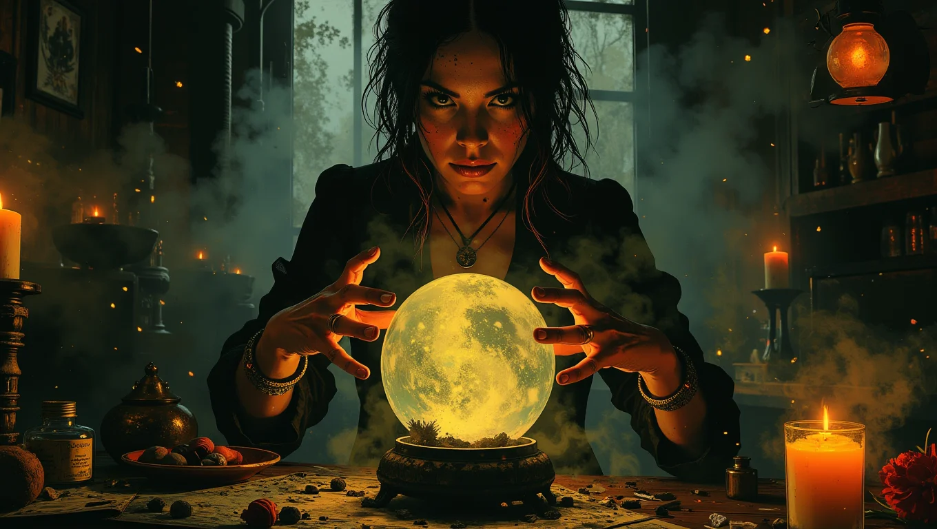 An enigmatic fortune teller in a dimly lit room, her hands hovering over a crystal ball. Her eyes are intense, peering into the swirling mists within the glass. The table in front of her is cluttered with tarot cards, candles, and strange artifacts, creating an atmosphere thick with mystery
<lora:Luminous_Shadowscape:0.6>