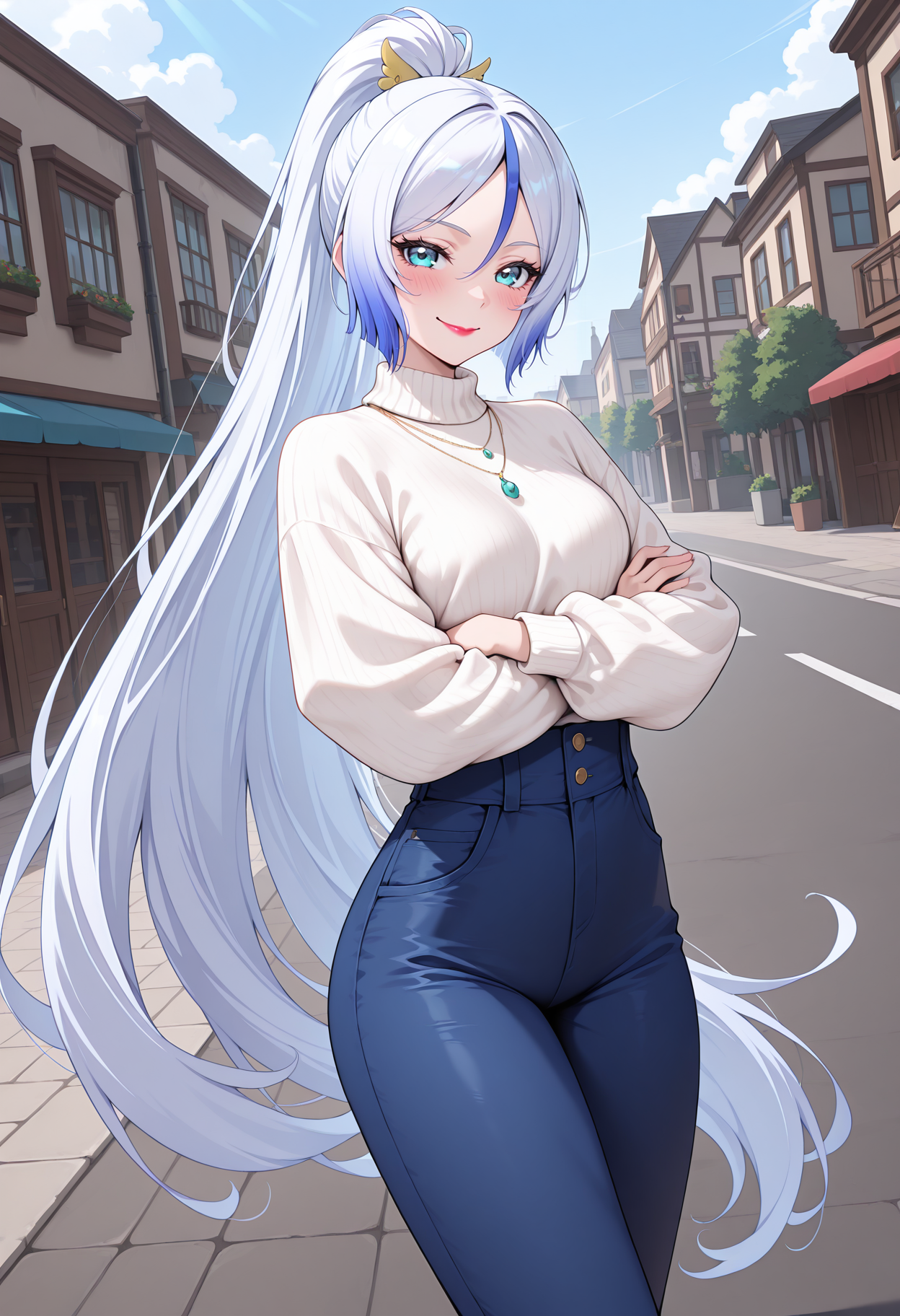 highres, best quality, masterpiece,
1girl, solo, blush,
 outdoors, street, day, shlacas, purishla, white hair, very long hair, streaked hair, blue hair, ponytail, aqua eyes, lipstick, white sweater, long sleeves, necklace, high-waist pants, blue pants, standing, crossed arms, smile, dutch angle, looking at viewer, <lora:_captain_shalala-elesico-ilxl-000014:1>