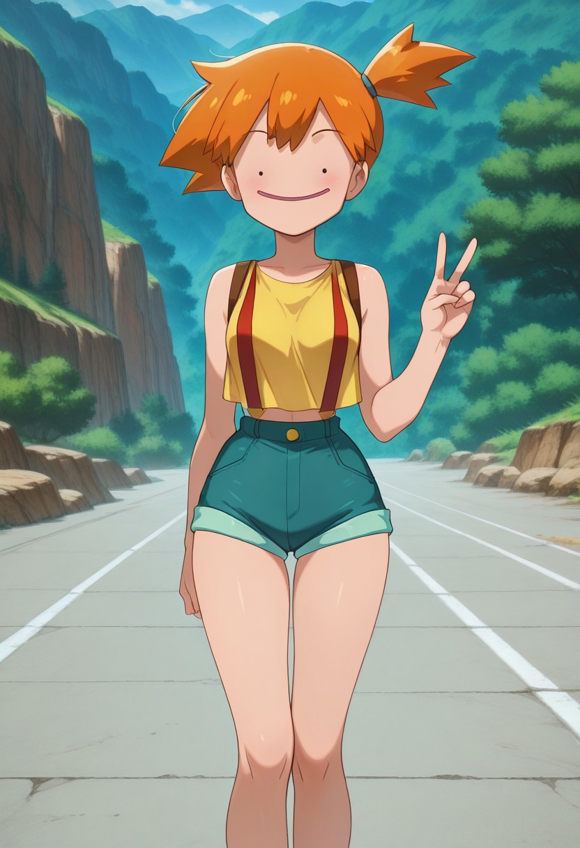 pokemon \(classic anime\), anime screencap, 
best quality, masterpiece, amazing quality, very aesthetic, absurdres, 
1girl, solo, 
misty \(pokemon\), 
dittoface, 
looking at viewer, peace sign, 
outdoors