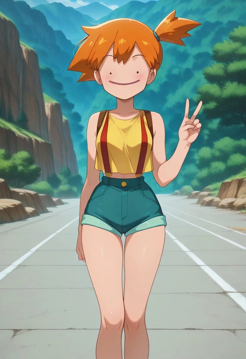 pokemon \(classic anime\), anime screencap,
best quality, masterpiece, amazing quality, very aesthetic, absurdres,
1girl, solo,
misty \(pokemon\),
dittoface,
looking at viewer, peace sign,
outdoors