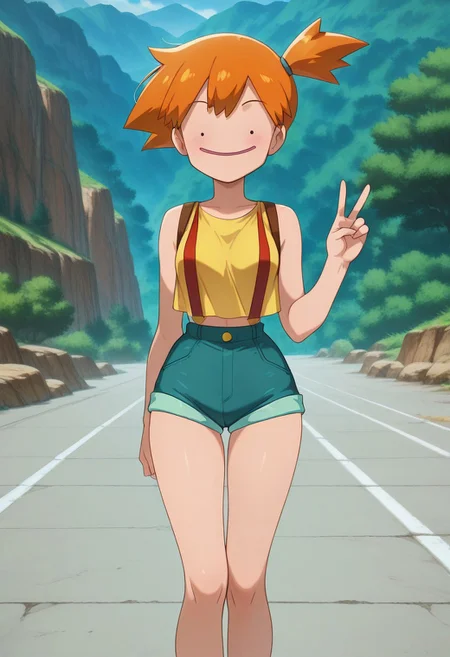 pokemon \(classic anime\), anime screencap, 
best quality, masterpiece, amazing quality, very aesthetic, absurdres, 
1girl, solo, 
misty \(pokemon\), 
dittoface, 
looking at viewer, peace sign, 
outdoors