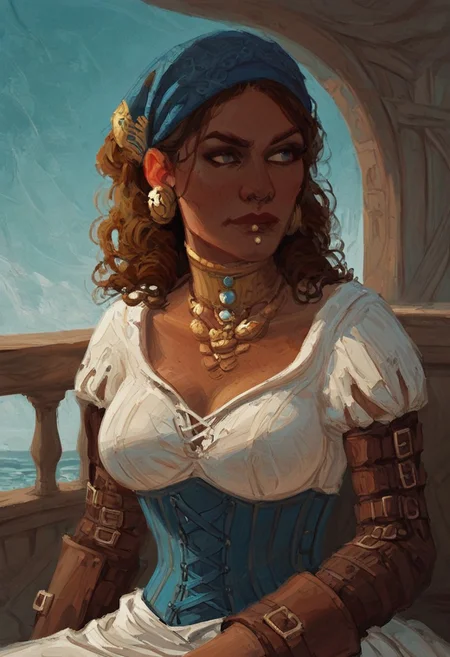 score_9, score_8_up, A digital illustration featuring a paint style of James C. Christensen, of A confident, tanned woman with dark curly hair, wearing a pirate-esque outfit consisting of a blue headband, dark corset, white blouse (partially visible), blue sash, and long brown leather boots with buckles. She's adorned with gold jewelry, including a choker and earrings. She sits on a ship's railing, hand resting on the netting, gazing at a calm blue ocean under a partly sunny sky. . fashion photography painting, in the style of warm color palette of browns, blues, and golds. , use of palette knives, intricate, concept art,