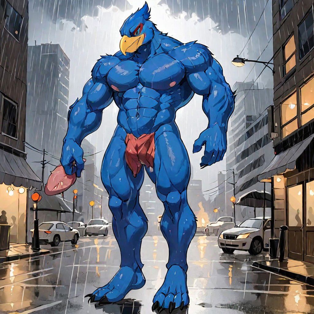 falco, falco lombardi, solo, male, male focus, furry, anthropomoprhic, furry, bird, avian, blue body, blue feathers, humanoid body, humanoid hands, bird head, bird feet, bird tail, pectoral muscles, massive muscles, body builder body, bird talons, male genitals, thick penis, girthy penis, green eyes, humanoid tongue, humanoid ass, humanoid thighs, bird legs, bird beak, nude, standing outside in the rain
