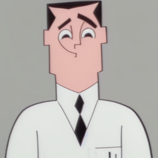 black eyes, thick eyebrows, looking up, smile, lab coat, necktie, full body, The Professor, short hair