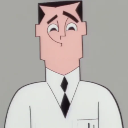 black eyes, thick eyebrows, looking up, smile, lab coat, necktie, full body, The Professor, short hair