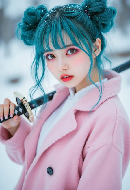FictionalYuki, double bun hairstyle,teal colored hair,curled bangs,magenta eyeshadow,brown eyes
wearing a long pastel pink trenchcoat, holding a shiny katana. Text in japanese calligraphy font "Buzz Samurai". Movie poster