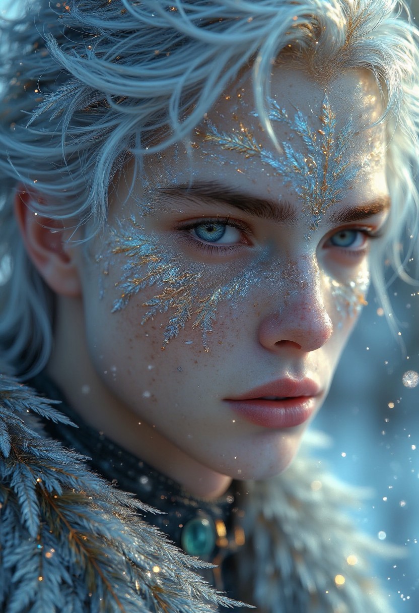 Young man with white hair. Their face is adorned with intricate, shimmering designs that resemble frost or snowflakes, suggesting a connection to winter or magic.