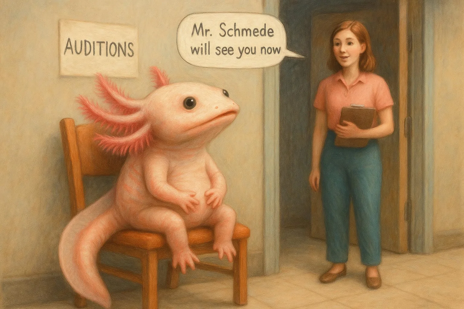 A beautifully rendered maximalist hyper realistic soft pastel illustration of an axelotl sitting on an uncomfortable looking chair outside an office in a featureless corridor. The axelotl is looking up expectantly at a young woman with a clipboard who is standing in the doorway with a apeech bubble with text "mr schmede will see you now". On the wall is a handwitten sign with text "AUDITIONS", 4K, UHD details, masterpiece, absurd res, newest