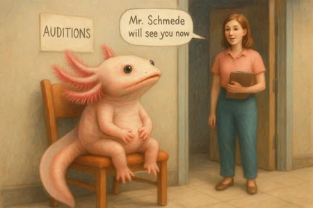 A beautifully rendered maximalist hyper realistic soft pastel illustration of an axelotl sitting on an uncomfortable looking chair outside an office in a featureless corridor. The axelotl is looking up expectantly at a young woman with a clipboard who is standing in the doorway with a apeech bubble with text "mr schmede will see you now". On the wall is a handwitten sign with text "AUDITIONS", 4K, UHD details, masterpiece, absurd res, newest 