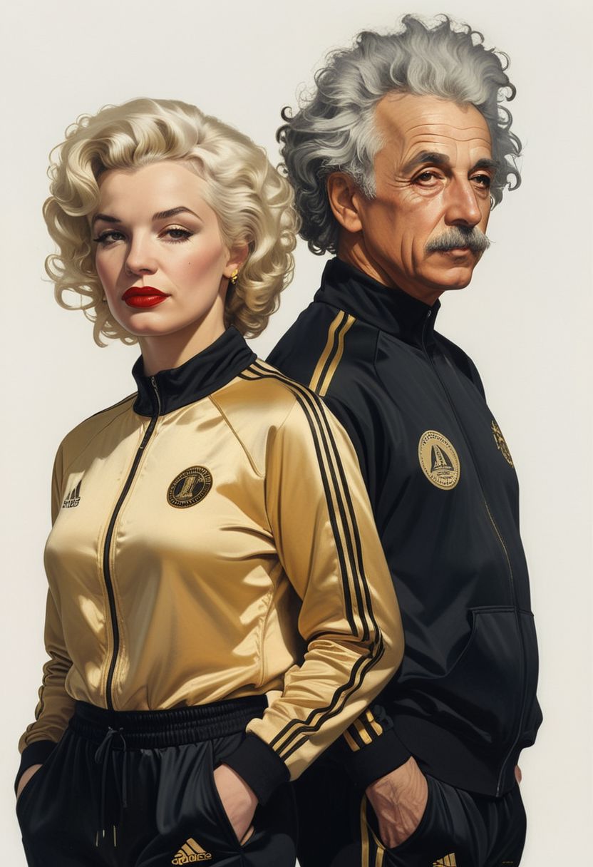 closeup portrait of 2 people, Marylin Monroe wearing a black and gold Adidas style tracksuit, Albert Einstein wearing a black and gold Adidas style tracksuit highly detailed, evocative, high contrast, (white background:1.2)