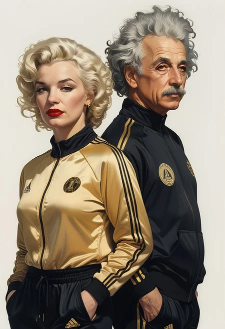 closeup portrait of 2 people, Marylin Monroe wearing a black and gold Adidas style tracksuit, Albert Einstein wearing a black and gold Adidas style tracksuit highly detailed, evocative, high contrast, (white background:1.2)