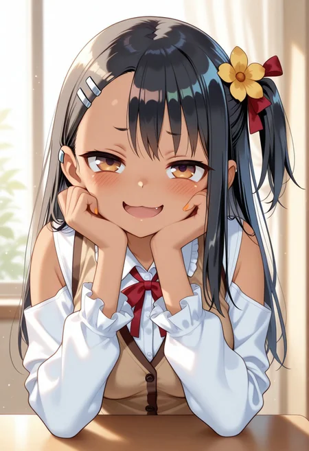 masterpiece, cute, lovely, (best quality:1.3), (amazing quality:1.3) ,very aesthetic, 1girl, solo, blush, (medium breasts:1.2), face satisfied, high gradient eyes, Nagatoro_Hayase_Style, black_hair, brown_eyes, bangs, long_hair, hairclip, hair_ornament, straight_hair, very cute, light particles, cute details, cute colors, naughty face, smug, BREAK, blush, brown vest, clothing cutout, flower, frilled sleeves, frills, hair ornament, hair ribbon, hand on own cheek, hand on own face, head rest, looking at viewer, neck ribbon, one side up, open mouth, red ribbon, ribbon, shirt, shoulder cutout, sunlight, upper body, vest, white shirt, yellow flower, bow, hair flower, jacket, smile, collared shirt, long sleeves, red bow, white jacket,:d, orange nails, frilled collar, eighth rest, hand on own chin