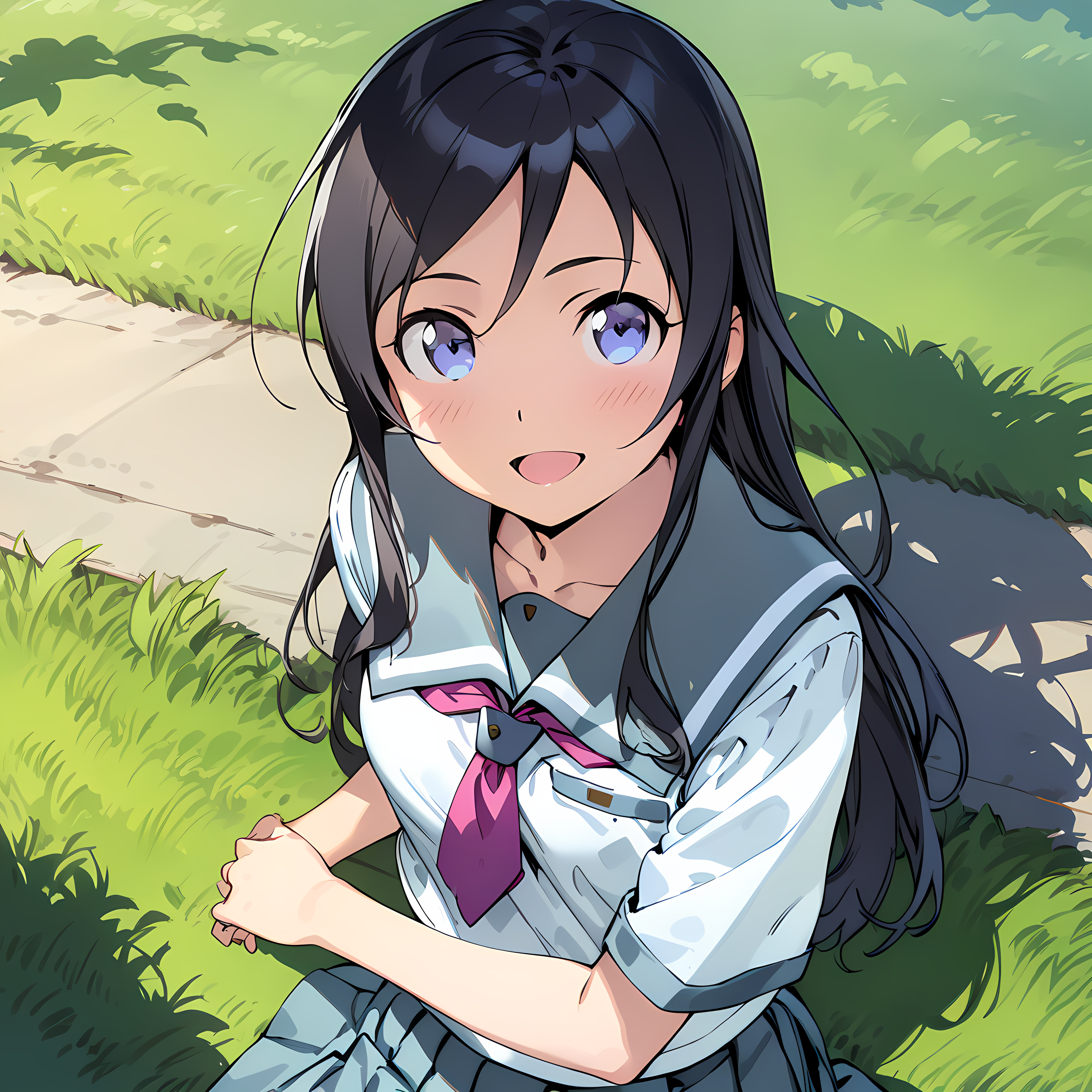 (masterpiece),(best quality),(ultra-detailed),(best illustration),(best shadow),(absurdres),(detailed background),(very aesthetic), 1girl, solo ayase aragaki, school uniform, long hair, serafuku, black hair, kousaka kirino's school uniform, open mouth, smile, grass, blue eyes, 2girls<lora:Ayase_Aragaki_-_Oreimo:1>